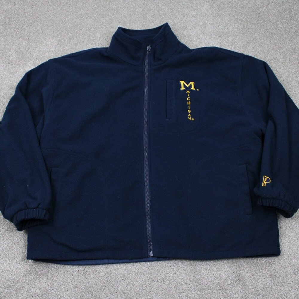 VTG Michigan Jacket Mens 2XL XXL Wolverines Blue Fleece Reversible Pro Player